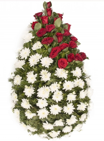 Coroana funerara crizantema si trandafiri rosii